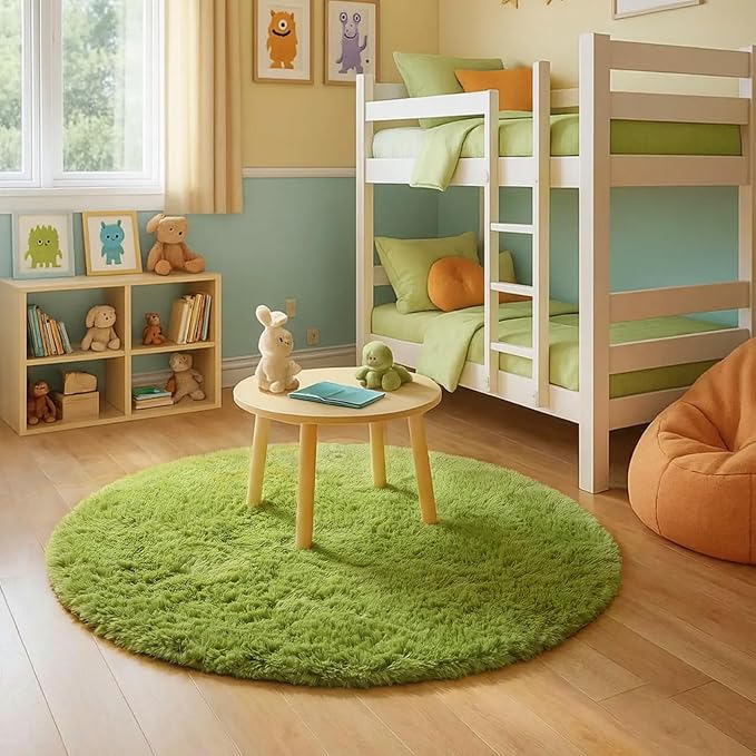 Grass Green Small Round Rug 3Ft for Bedroom, Fluffy Shag Circle Area Rugs for Kids Room Classroom Nursery, Cool Living Room Decor Aesthetic, Cute Fuzzy Moss Floor Circular Carpet for Preppy Dorm