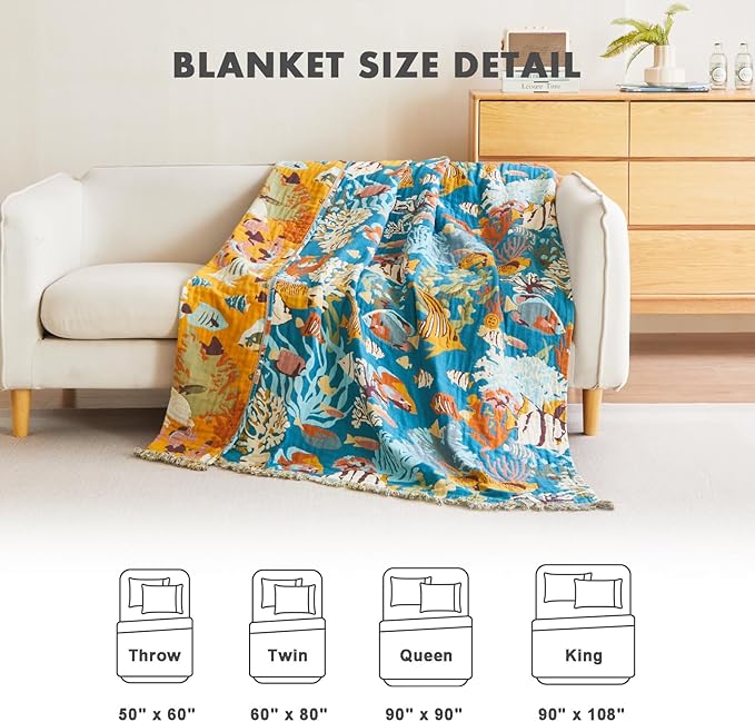MSGKV Throw Blanket for Bed Cotton Cute Ocean Animals Twin Size Couch Blanket 60"x80" Muslin Spring Breathable All Seasons Lightweight Farmhouse Home Decor