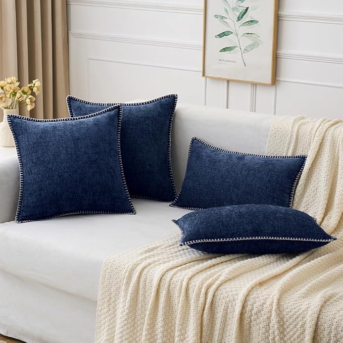 MIULEE Pack of 2 Couch Throw Pillow Covers 20x20 Inch Navy Farmhouse Decorative Pillow Covers with Stitched Edge Soft Chenille Solid Dyed Spring Pillow Covers for Sofa Bed Living Room