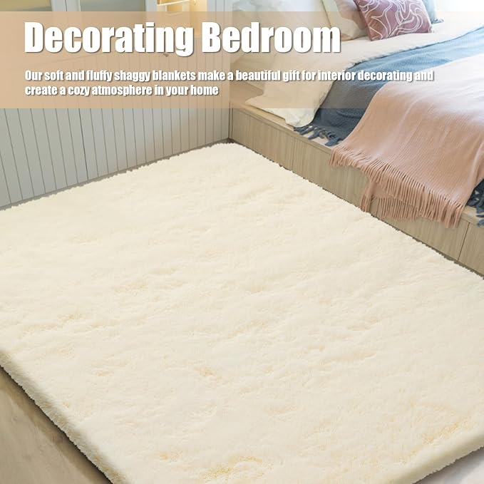 Shag Area Rug for Bedroom 4x6,Ivory Fluffy Area Rugs for Living Room,Soft Fuzzy Rug Non-Shedding Indoor Plush Carpet for Kids Bedroom Nursery Dorm Home Decor