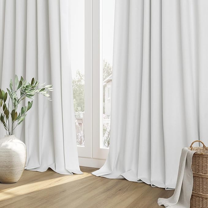 Guken White 100% Blackout Linen Curtains 86 Inch Length 2 Panels Set for Living Room Bedroom Back Tab Rod Pocket Thermal Insulated Black Out Drapes Room Darkening Farmhouse Window Curtains 52x86