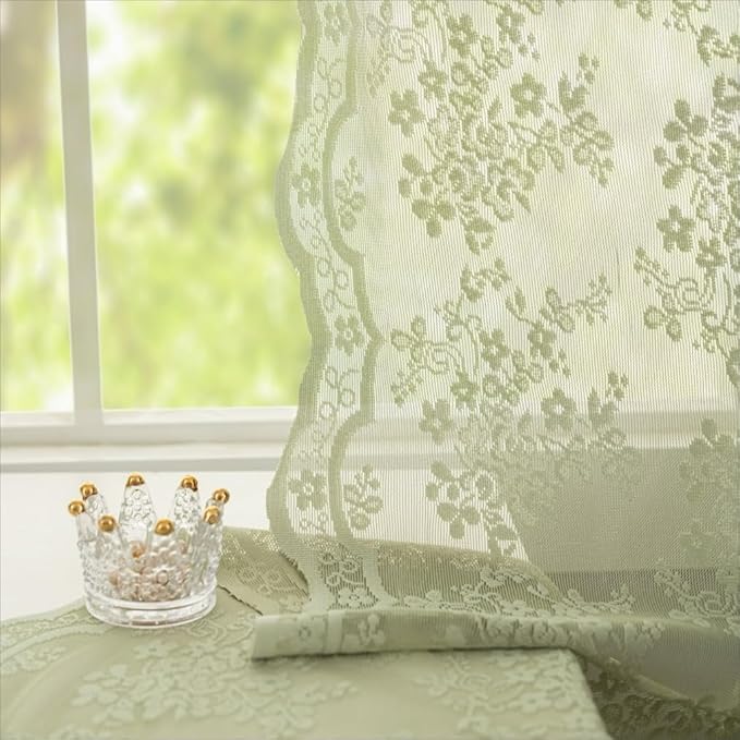 YJ YANJUN Vintage Lace Curtains -Victorian Floral Sage Green 102 inches Curtains for Bedroom Sliding Glass Door Light Filtering Bohemian Farm House Cottage Core Decor Total 104 Wide 12 FT Long