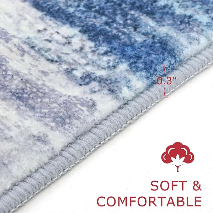 KOZYFLY Washable Area Rug 5x7 Modern Ombre Thin Rugs for Living Room Non-Slip Soft Striped Area Rug for Bedroom, Print Blue/Grey/Beige Abstract Carpet for Kid Room
