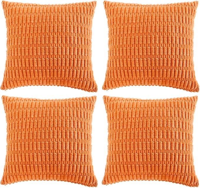 Fancy Homi 4 Packs Orange Fall Decorative Throw Pillow Covers 16x16 Inch for Couch Living Room Bed Sofa, Halloween Pumpkin Autumn Home Decor, Soft Cute Plush Corduroy Striped Cushion Case 40x40 CM