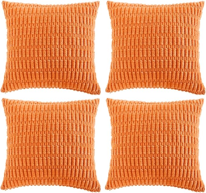 Fancy Homi 4 Packs Orange Fall Decorative Throw Pillow Covers 20x20 Inch for Couch Bed Sofa, Halloween Pumpkin Autumn Home Decor, Soft Cute Plush Corduroy Striped Cushion Case 50x50 CM