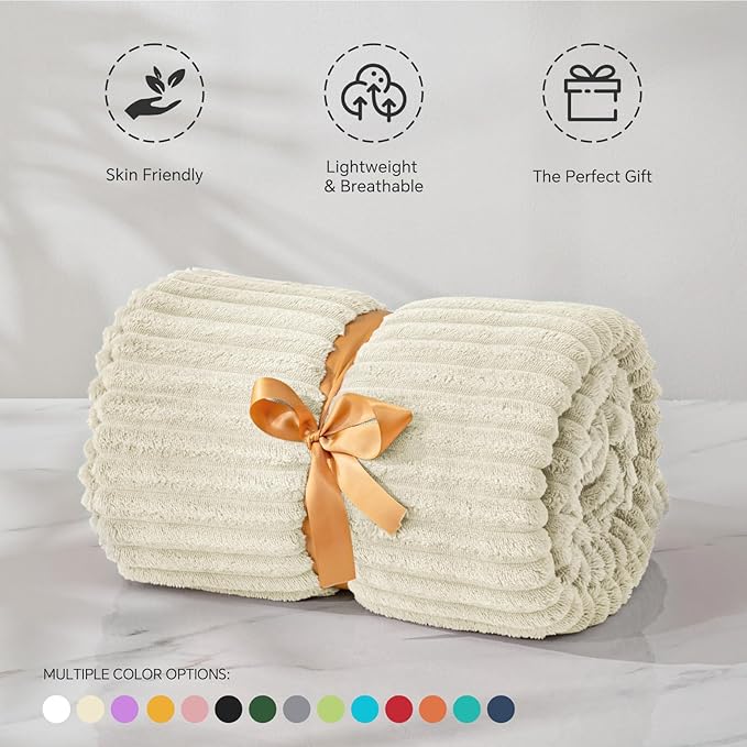 BEDELITE Fleece Blanket Twin Size – 3D Ribbed Jacquard Soft and Warm Decorative Fuzzy Blankets – Cozy, Fluffy, Plush Lightweight Throw Blankets for Couch, Bed, Sofa(Beige, 60x80 inches)
