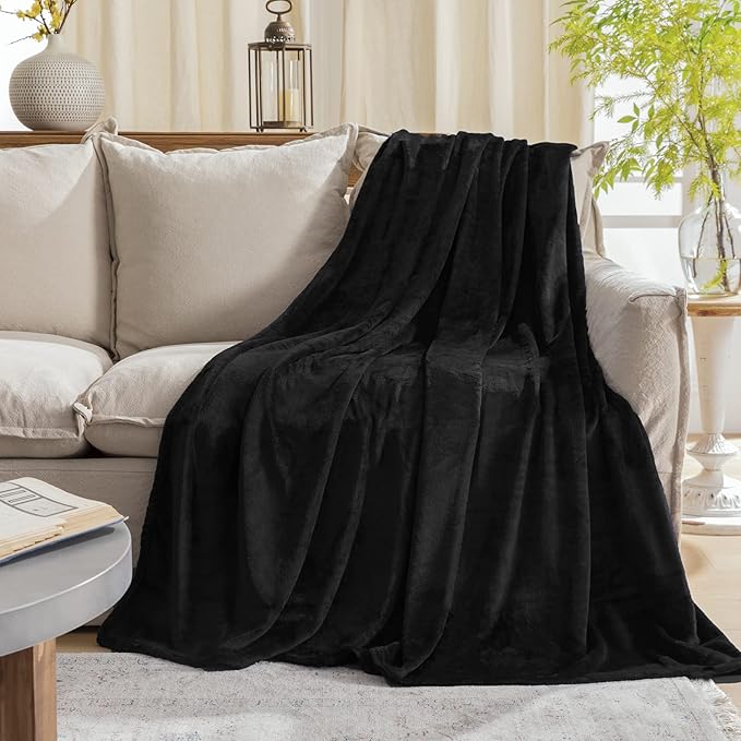 JIAHANNHA Flannel Fleece Blanket Queen Size Black 90x90 Inches, Super Soft Plush Cozy & Luxury Warm Bed Blanket for All Season