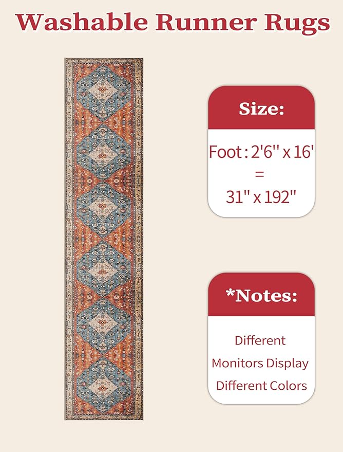 SERISSA Runner Rug for Hallways, 2'6"x16' Washable Non Slip Kitchen Runner Rug, Extra Long Boho Rug Ultra Soft Vintage Tribal Print Floor Carpet for Bedroom Hallway Entryway Bathroom Laundry Room