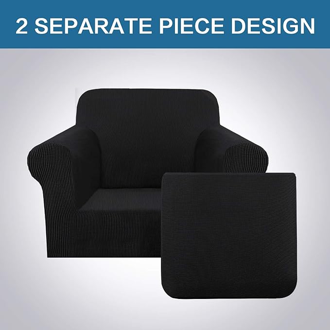 H.VERSAILTEX 2 Piece Stretch Stylish Furniture Cover/Protector Chair Covers for Living Room Soft with Elastic Bottom for Kids, Spandex Jacquard Fabric Small Checks(Chair, Black)