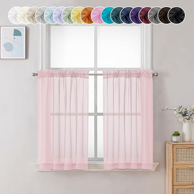 Chyhomenyc Sheer Curtains 36 inch Length 2 Panels, Light Filtering Voile Rod Pocket Short Window Sheer Curtians for Bathroom Living Room, 2PCS, Blush Pink