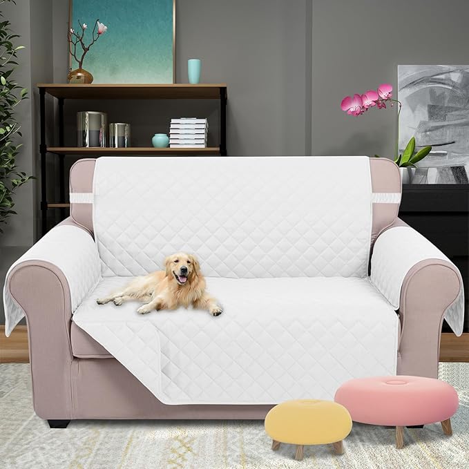 U-NICE HOME Loveseat Sofa Cover Reversible Couch Covers for 2 Cushion Couch for Dogs Furniture Protector Cover with Elastic Straps Water Resistant(Loveseat Small, White/White)