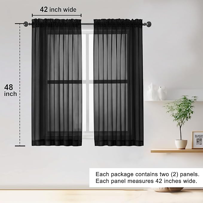 OWENIE Sheer Black Curtains 84 Inch Length 2 Panels Set for Living Room Bedroom, Rod Pocket Voile Sheer Panel Drapes, Black, 2pcs, Each 42" W x 48" L