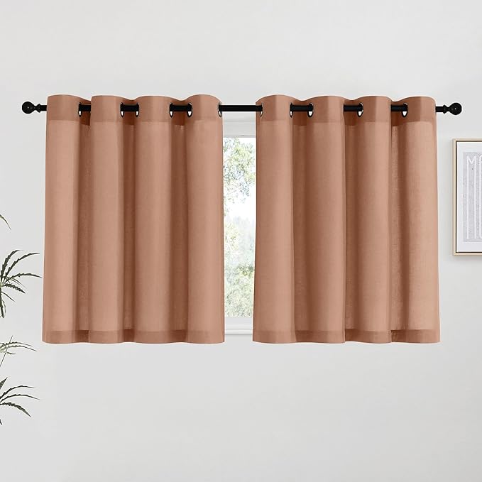 NICETOWN Terracotta Linen Kitchen Curtains 36 inch Length, Decorative Thick Flax Small Window Treatments Privacy Assured with Light Filtering for Bedroom/Bathroom, W55 x L36, 2 Panels
