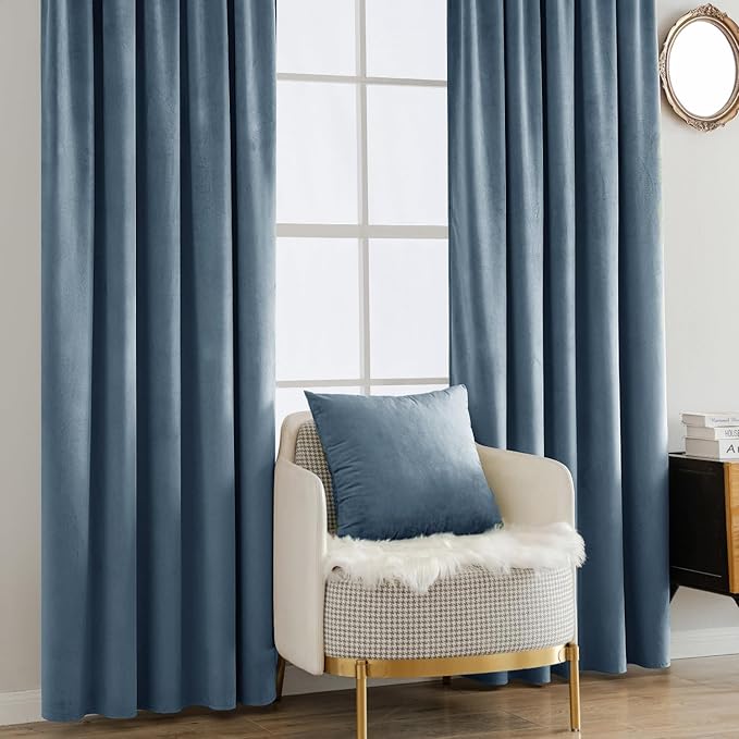 MIULEE Velvet Curtains 96 inches - Luxury Blackout Curtains for Bedroom Living Room Thermal Insulated Super Soft Window Drapes Rod Pocket & Back Tab, Stone Blue, W52 x L96 inches, 2 Panels