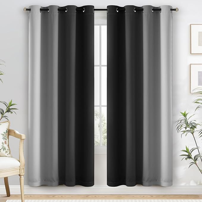 Yakamok 100% Blackout Curtains 72 Inch Length 2 Layers,Black Curtains for Bedroom Ombre Room Darkening Grommet Gradient Drapes, Light Blocking Thermal Insulated Window Curtains for Living Room
