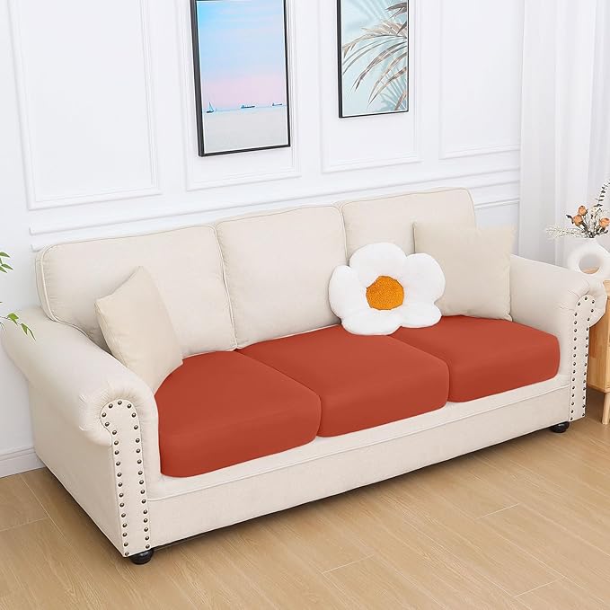 hyha Milk Silk Couch Cushion Covers, Soft Magic Sofa Covers Washable for 3 Cushion Couch, Stretch Sectional Outdoor Cushion Covers for Patio Furniture with Elastic Bottom(3 Packs, Rust)