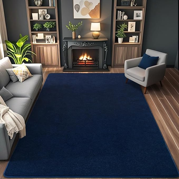 AROGAN Modern Shag Area Rug for Bedroom, 4x6 Feet Washable Rugs for Living Room, Indoor Floor Carpet, Plush Memory Foam Bedside Rugs for Kids Girls Teens Room Low Pile, Navy Blue