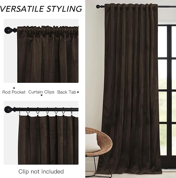 RYB HOME Brown Blackout Curtains 84 inches Long Velvet, Room Darkening Thermal Insulated Drapes with Hook Belt for Bedroom Home Theater, W 52 x L 84 inches, 2 Panels Set