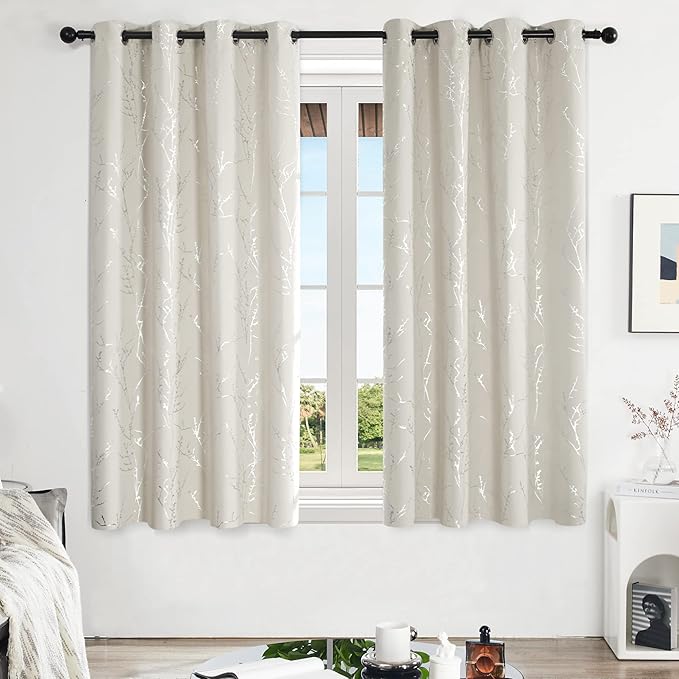 Deconovo Beige Blackout Curtains, Boho Farmhouse Curtain, Thermal Insulated Soundproof Drapes, Silver Branch Print, 52 x 63 Inch Long, Machine Washable Window Panels for Living Room Bedroom, Set of 2
