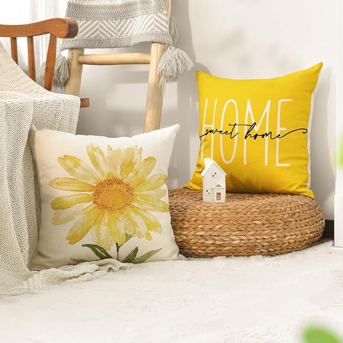 AVOIN colorlife Home Sweet Home Spring Summer Flowers Yellow Throw Pillow Covers, 20 x 20 Inch Cushion Case for Sofa Couch Set of 4