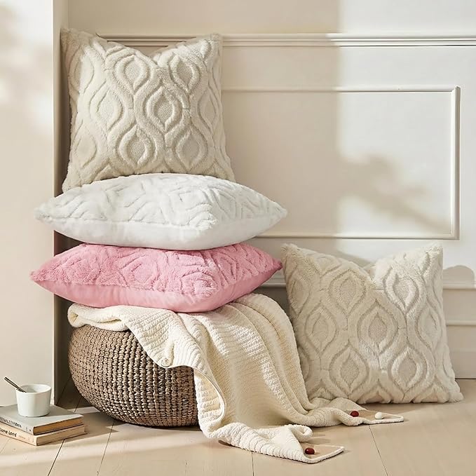 decorUhome Throw Pillow Covers 26x26 Inch Set of 2, Soft Plush Faux Wool Beige Solid Couch Pillow Covers, Accent Euro Sham Farmhouse Neutral Square Pillow Cases for Sofa Bed Living Room