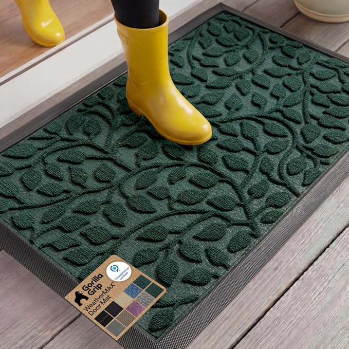GORILLA GRIP 100% Waterproof All-Season WeatherMAX Doormat 35x23, US Designed Natural Rubber, Stain and Fade Resistant, Low Profile Indoor Outdoor Door Mats, Easy Clean Patio Mat, Moss Vine Leaves