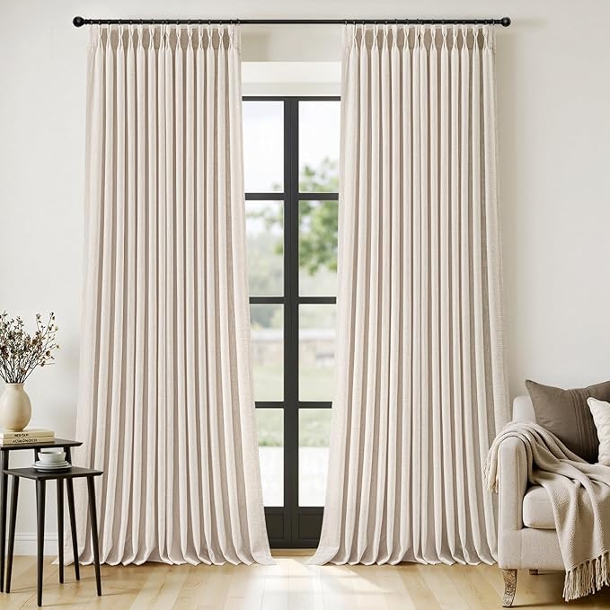 MIULEE Pinch Pleated Thick Linen Curtains 102 Inches Long 2 Panels for Living Room Bedroom, Memory Trained Pleat Drapes Back Tab Light Filtering Boho Cream Ivory Window Curtains with Hooks