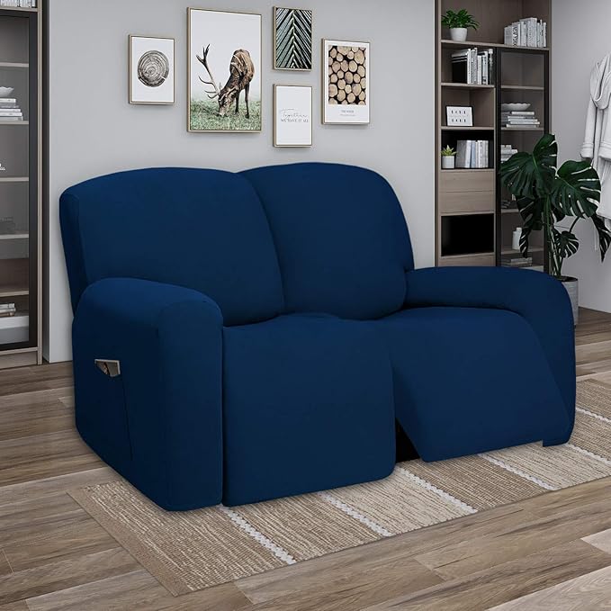 PureFit Super Stretch Loveseat Recliner Sofa Couch Cover with Pocket – 2 Seats Non Slip Soft Sofa Slipcover, Washable Reclining Furniture Protector for Kids, Pets (Recliner Loveseat, Navy)