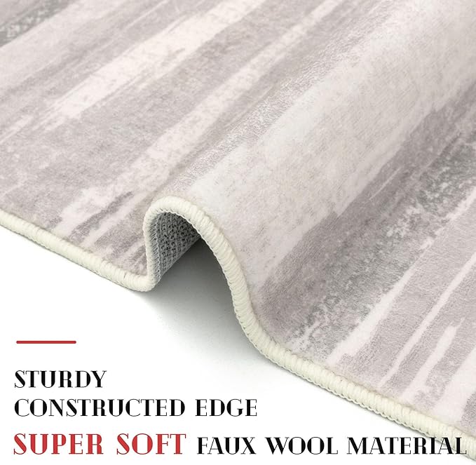 Lansny Modern Abstract Runner Rug 2x6, Neutral Light Beige and Grey Washable Kitchen Runner Non-Slip Soft Hallway Rug Runner Thin Print Faux Wool Carpet for Entryway Bedroom Laundry Room Indoor