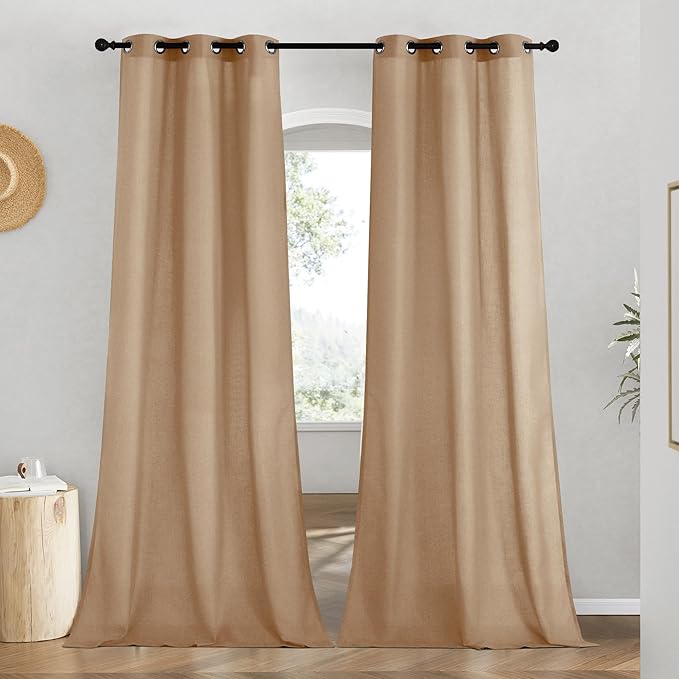 NICETOWN Rustic Linen 96 inch Long Curtains for Living Room, Grommet Privacy Added Thick Linen Weave with Light Filter Window Curtains & Drapes for Bedroom, Camel, W42 x L96, 2 Panels
