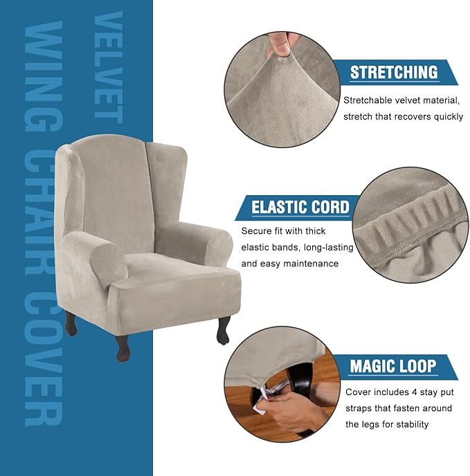 H.VERSAILTEX Wingback Chair Covers Velvet Plush Wing Chair Slipcover 1 Piece High Stretch Wing Back Chair Slipcovers Sofa Cover Furniture Cover with Elastic Bottom, French Oak