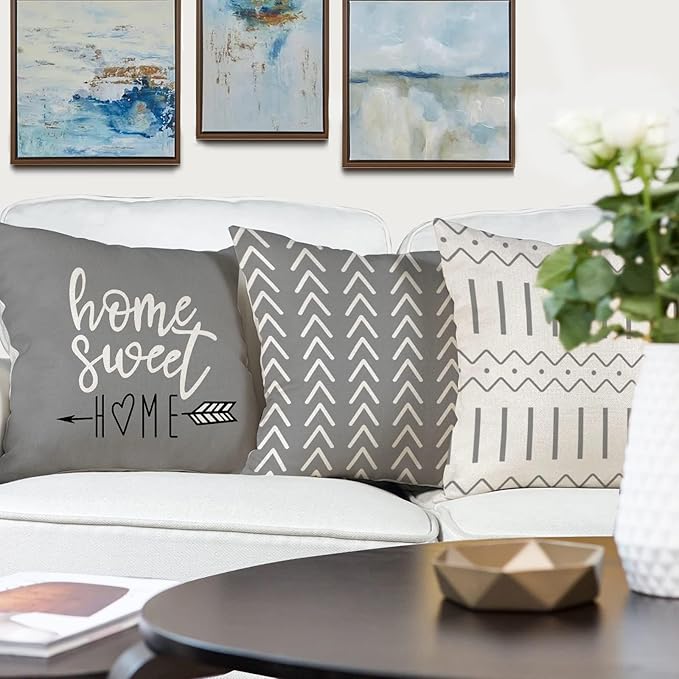 YCOLL Pillow Covers 18x18 Set of 4，Modern Sofa Throw Pillow Cover, Decorative Home Outdoor Linen Fabric Geometric Pillow Case for Couch Bed Car，Gray