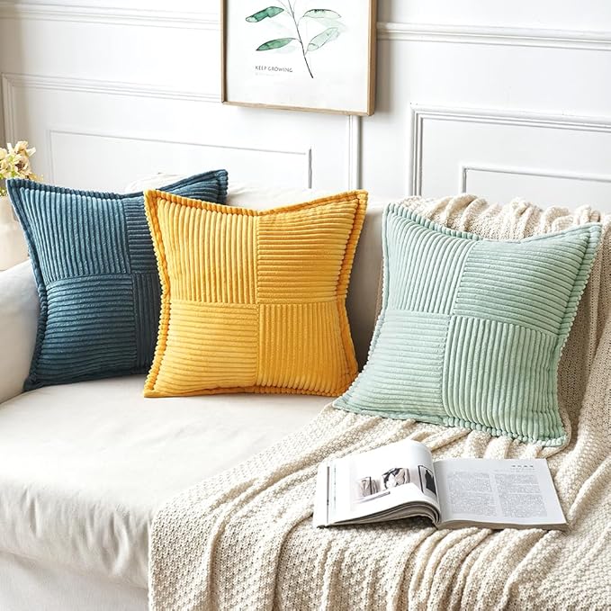 MIULEE Golden Yellow Corduroy Pillow Covers 16x16 Inch with Splicing Set of 2 Soft Boho Striped Pillow Covers Broadside Decorative Textured Summer Pillowcases for Couch Cushion Bed Livingroom