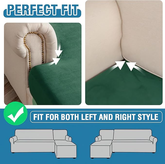 Couch Cover 6-Piece Elastic Velvet Couch Cushion Covers & Chaise Slipcovers for L-Shaped Sofas, Sofa Seat Covers Washable, Soft Cover for Couches (5 Seater + Chaise, Christmas Green)