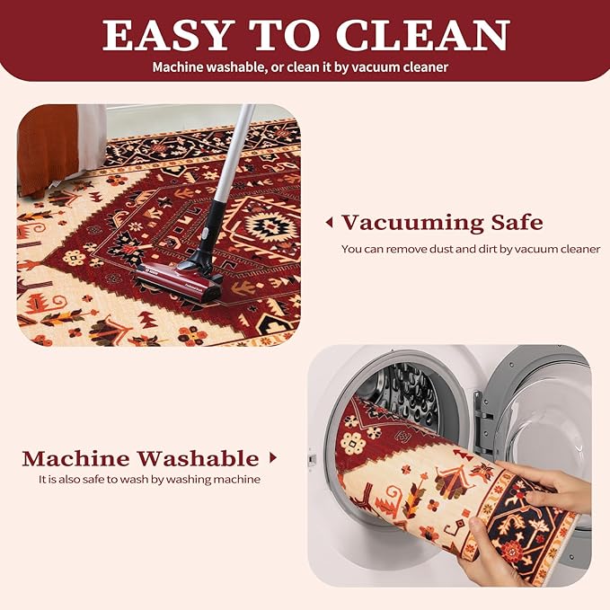 SERISSA Area Rug 3x5 Boho Rugs for Bedroom, Washable Non-Slip Living Room Rug, Ultra Soft Print Distressed Vintage Red Black Rug Low-Pile Throw Carpet for Entry Kitchen Bedroom Nursery Dorm Decor