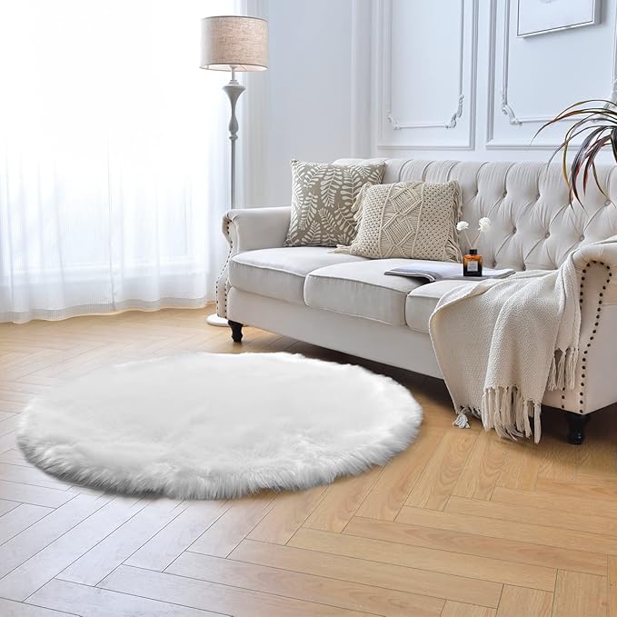 duduta White Faux Sheepskin Round Rug 4x4 ft, Fluffy Shag Fur Bedroom Nursery Kids Playroom Rug Dorm Decor Non Slip Washable