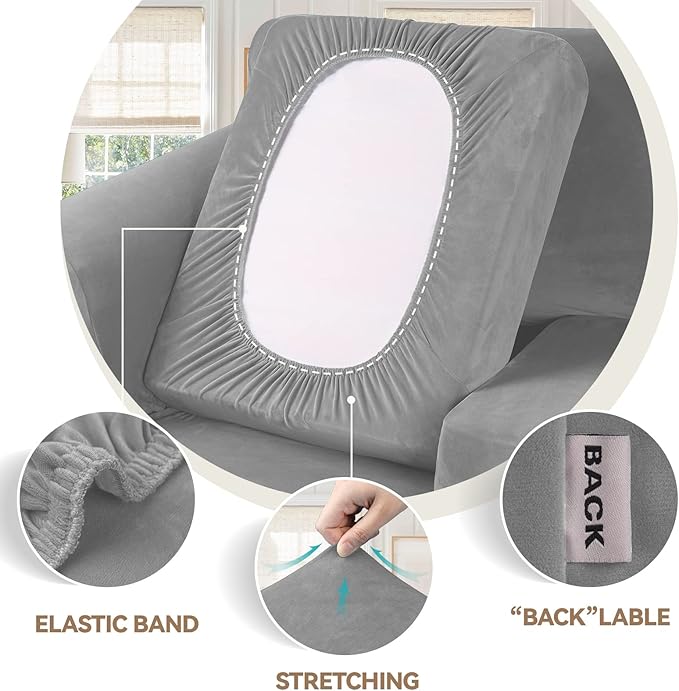 WEERRW Velvet Stretch Chair Sofa Slipcover - 2 Pieces Luxury Soft Velvet Plush Couch Cover Furniture Protector with Elastic Bottom for Pets, Machine Washable, Silver, Small