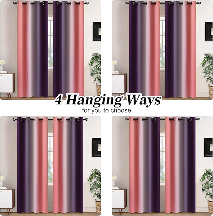 Yakamok Blackout Ombre Dark Pink and Dark Purple Curtains-Gradient Room Darkening Curtain, Grommet Thermal Insulated Light Blocking Window Drapes/Curtains for Living Room Bedroom,52 x 84 Inch,2 Panels