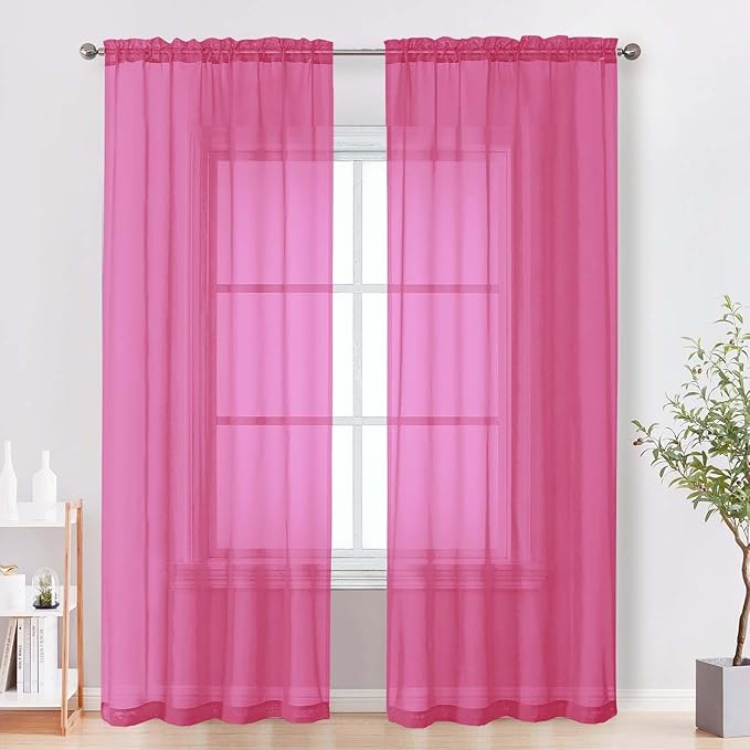 OVZME Sheer Curtains 84 Inches Long 2 Panels Set, Light Filtering Transparent Lightweight Soft Window Treatment Panels for Study Room Living Room Guest Room, Each 42W x 84L Inches, Hot Pink
