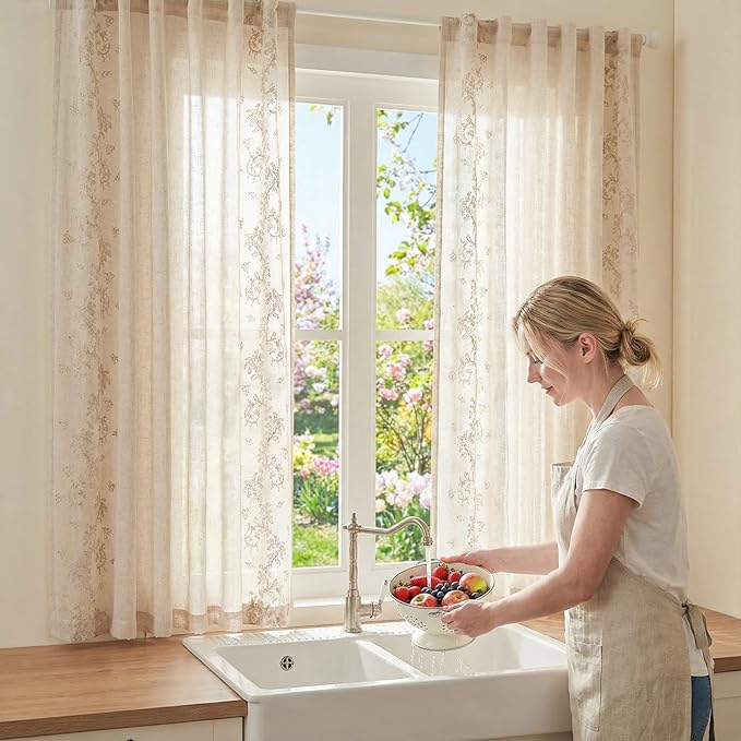 jinchan Evelyn Embroidered Linen Curtains 63 inch Floral Curtains for Living Room Bedroom Farmhouse Cottagecore Semi Sheer Light Filtering Window Drapes Rod Pocket Back Tab 2 Panels W50 x L63 Beige