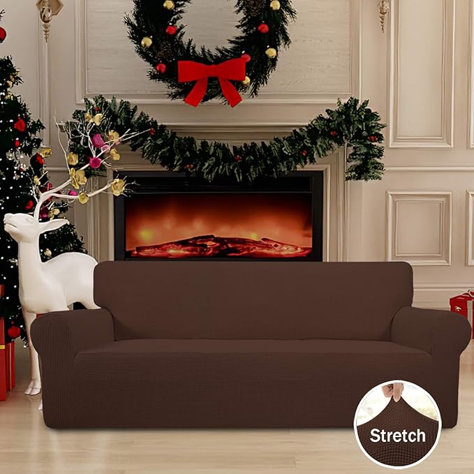 Easy-Going Stretch Oversized Sofa Slipcover 1-Piece Sofa Cover Furniture Protector Couch Soft with Elastic Bottom for Kids, Polyester Spandex Jacquard Fabric Small Checks Coffee