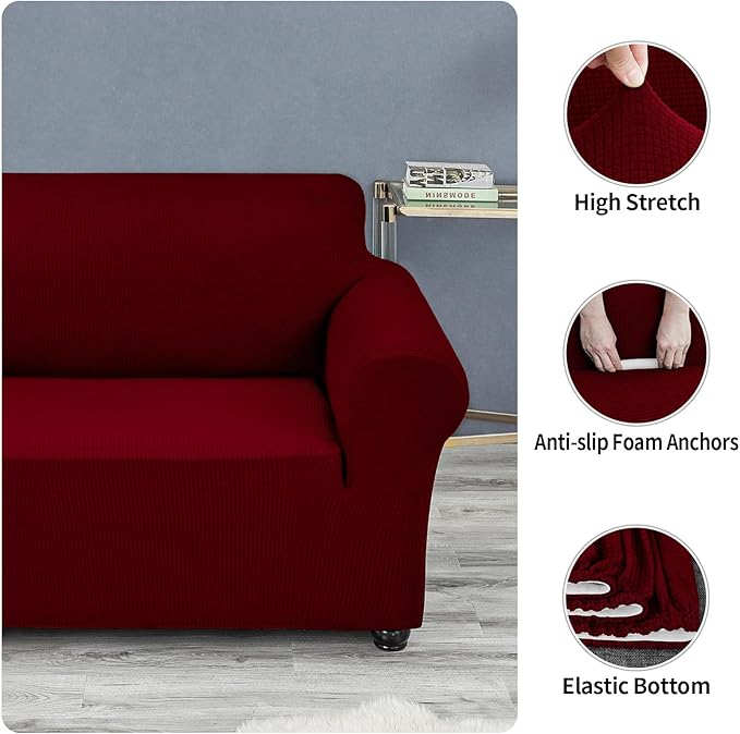 Joccun Christmas Stretch Couch Cover Slipcovers, 1-Piece Sofa Covers for 3 Cushion Couch Spandex Jacquard Washable Furniture Protector Cover for Living Room,Kids,Pets(Sofa,Red Dahlia)