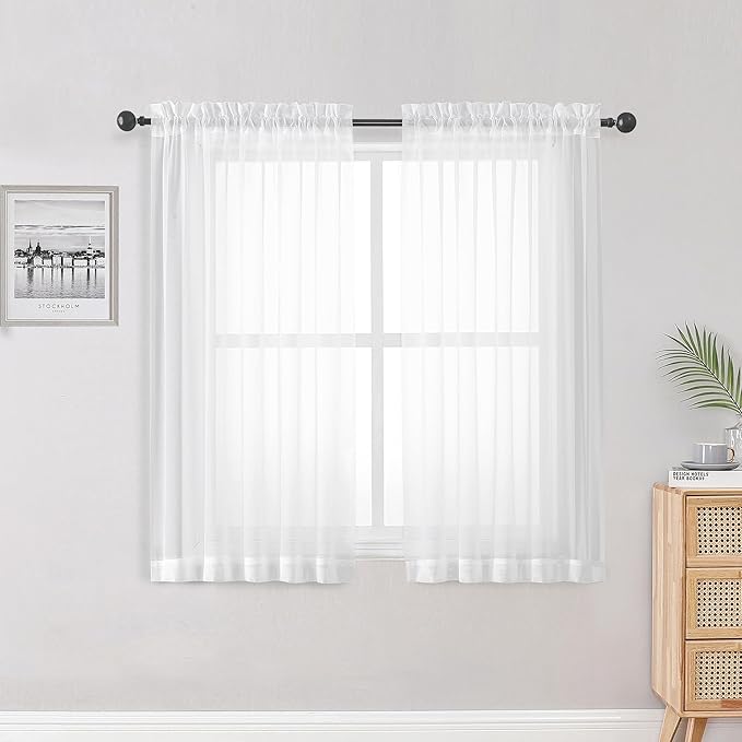 OWENIE Sheer White Curtains 84 Inch Length 2 Panels Set for Living Room Bedroom, Rod Pocket Voile Sheer Panel Drapes, White, 2pcs, Each 42" W x 48" L