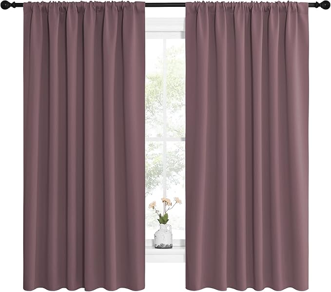 NICETOWN Blackout Curtains for Bedroom, Home Decorations Thermal Insulated Solid Rod Pocket Blackout Drapes for Cafe (Dry Rose, One Pair, 62 x 63-inch)
