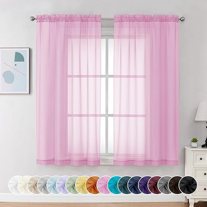 Chyhomenyc Pink Sheer Curtains 54 Inch Long 2 Panels, Light Filtering Rod Pocket Voile Short Curtains Drapes for Living Room Bedroom Small Windows, 42Wx54L Inches
