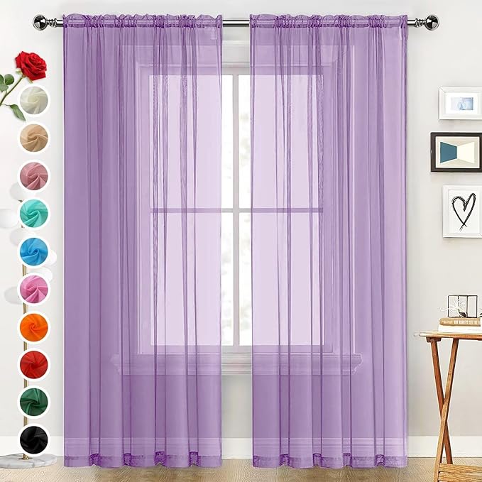 SpaceDresser Sheer Voile Window Treatment Rod Pocket Curtain Panels for Kitchen Bedroom Living Room Drapes Sunlight Filtering Privacy Semi Home Decor Assorted (Lavender, 52 W x 54 L)