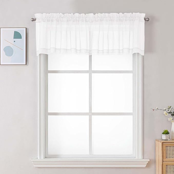 Chyhomenyc White Sheer Valances for Windows - Light Filtering Small Kitchen Curtains, Rod Pocket Short Top Window Treatment Decor for Living Room Bathroom Basement, 42Wx16L inches, 2 Panels