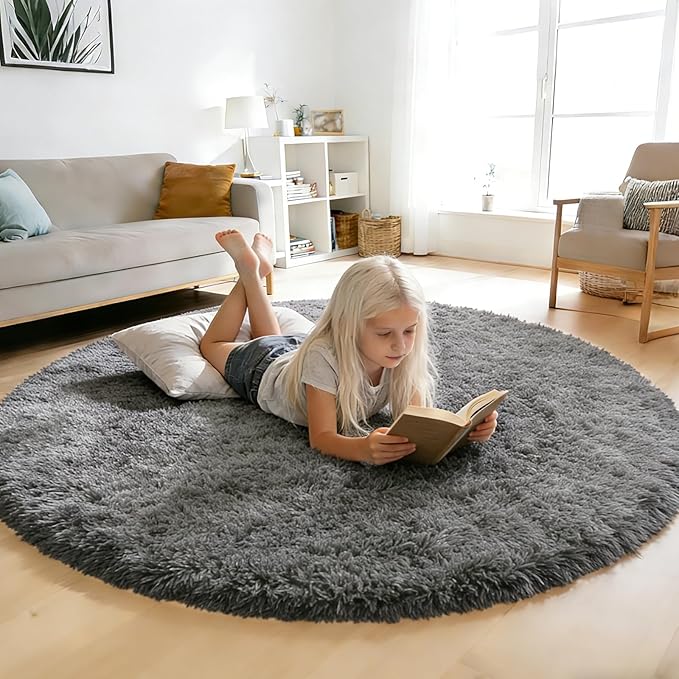 yulidayang Fluffy Round Area Rugs for Living Room,6'X6'Shag Circle Area Rugs for Bedroom,Non Slip Fuzzy Plush Rug for Kids Room Boys Girls Room and Dorm,Deep Grey