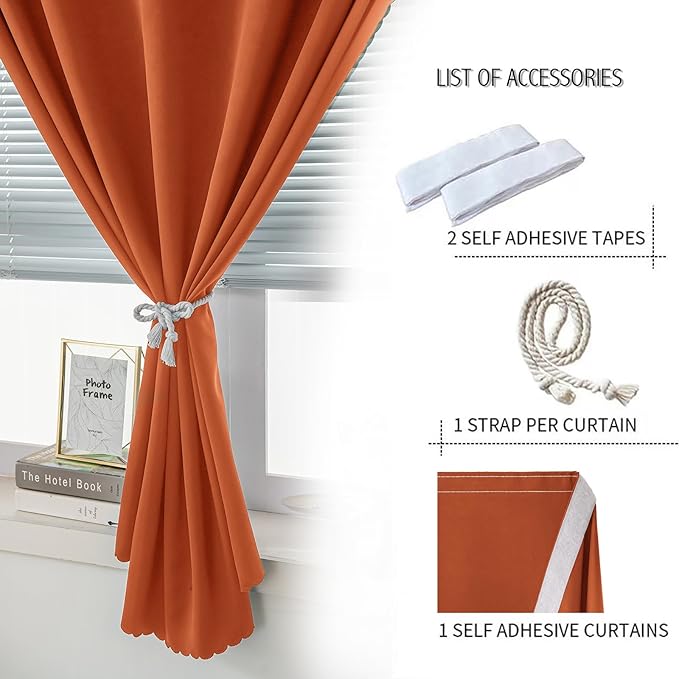 Self Adhesive Curtains Portable Blackout Curtain Simple and Easy to Install Bedroom Window Thermal Lnsulated Kitchen Room Darkening Black Small Drapes, 47" W X 79" L, Orange, 1 Panel