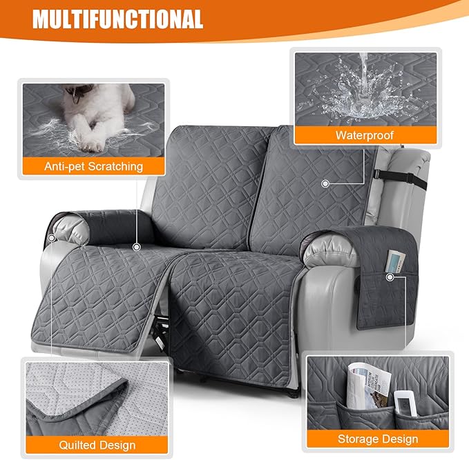 VANSOFY Waterproof Recliner Couch Covers, Sofa Covers 1-Piece Washable Reclining Sofa Cover Non-Slip Furniture Protector with Elastic Straps Pocket for Dogs, Pets(Dark Gray,2 Seater)